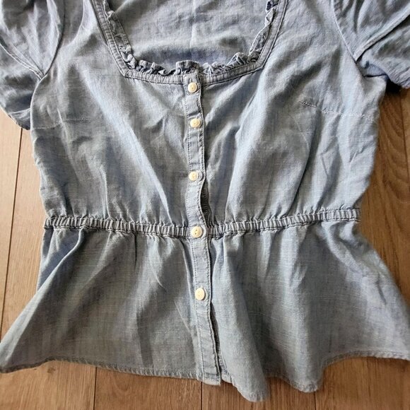 Madewell Womens Blue Short Sleeve Button-Down Peplum Top S Cotton Blend Denim Ru - Picture 4 of 15